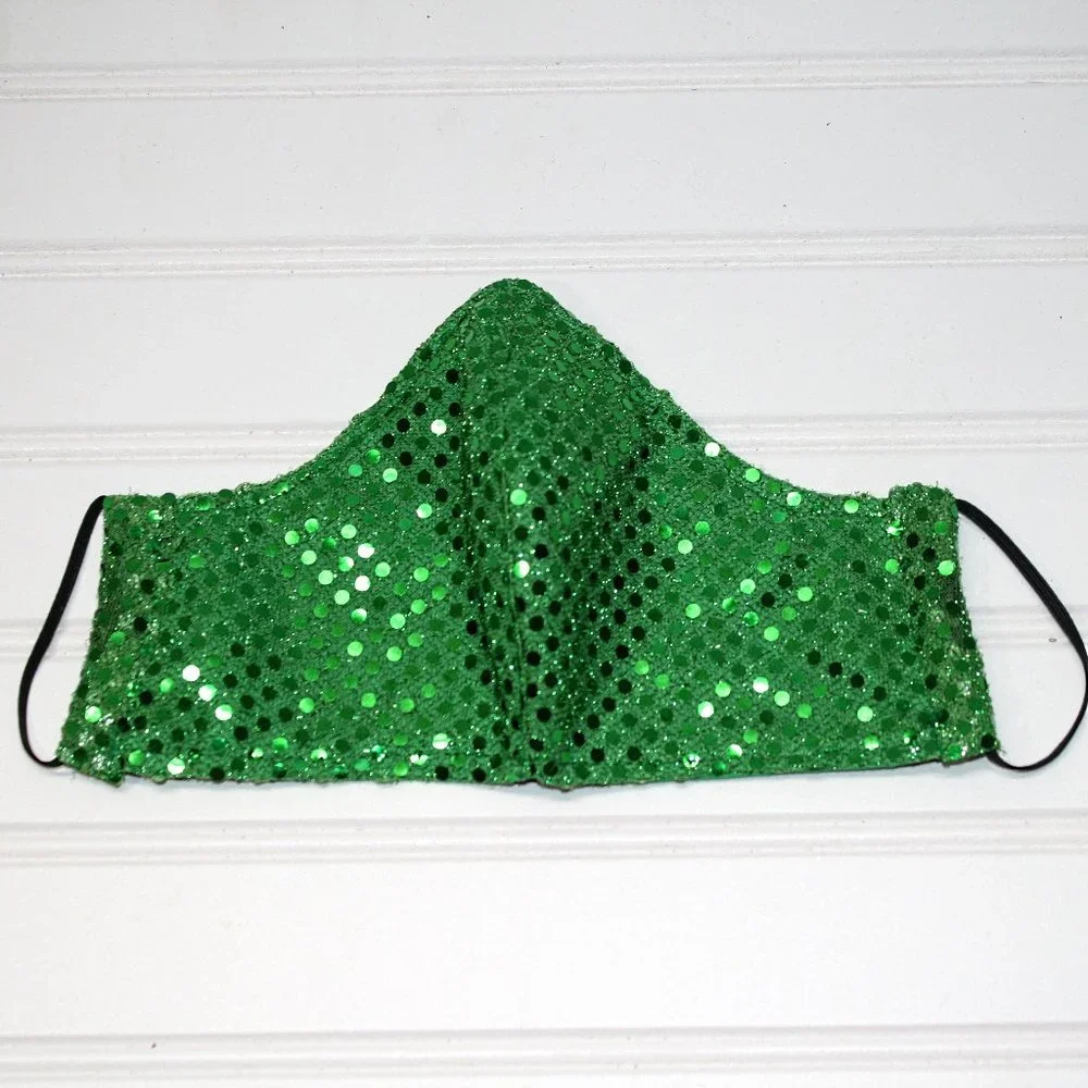 HAND CRAFTED Face Mask Green Confetti Dot Sequin - Adult - Shield Style